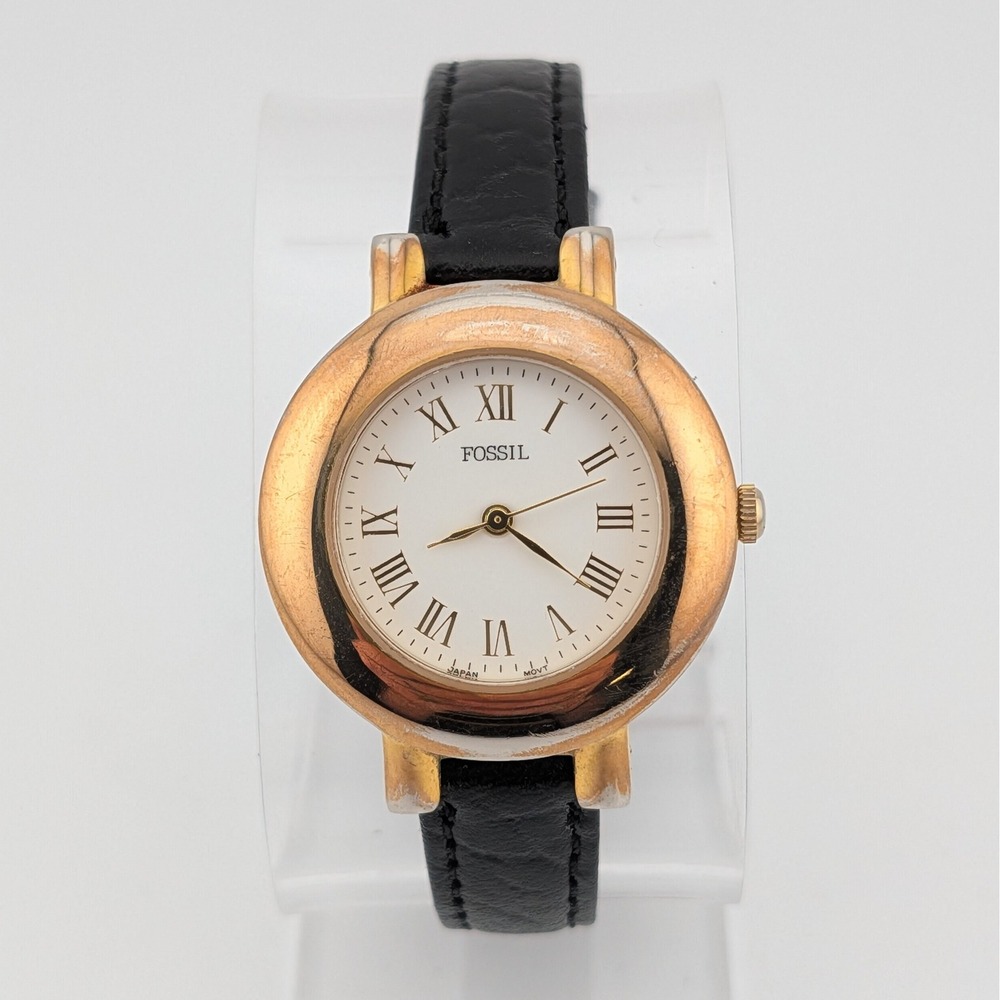 Fossil Vintage Gold Tone Quartz Watch White Roman Dial New Speidel Leather Strap